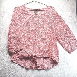 Chico’s Gauzy Tie Front 3/4 Sleeve Aztec Print Boho Popover Blouse in Watermelon